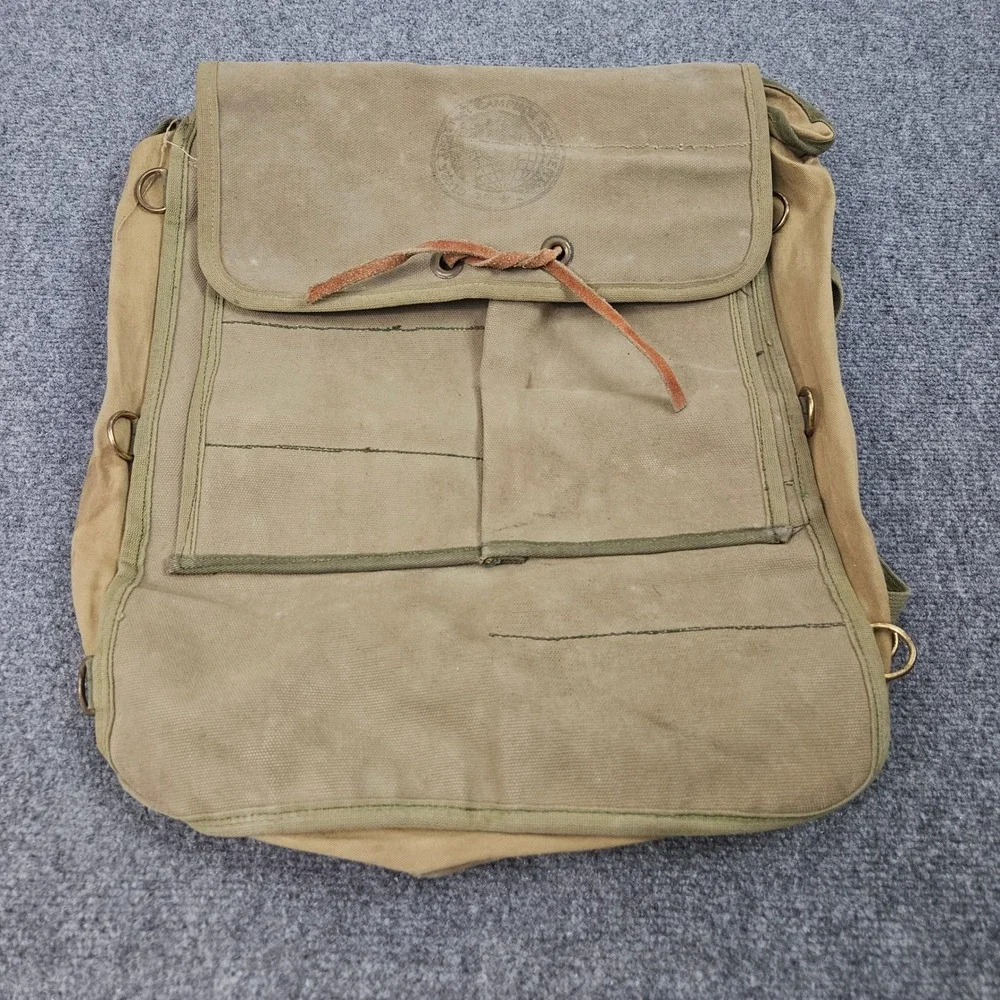 Vintage 50s Globe Trotter Camping Equipment Backpack Khaki Canvas Americana Work